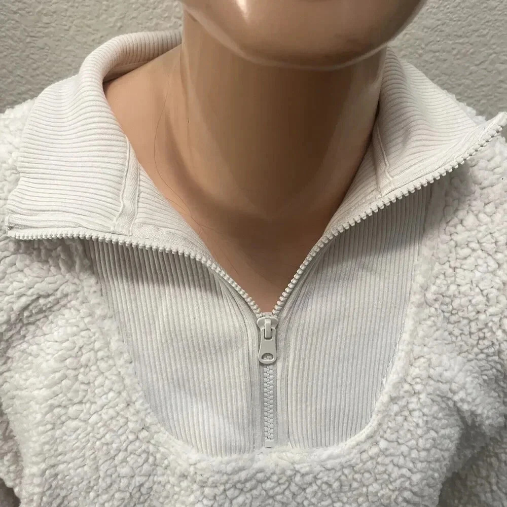 Aerie Dream Sherpa Quarter Zip Sweatshirt Oversized Cream Women’s Size Medium - Picture 2 of 4